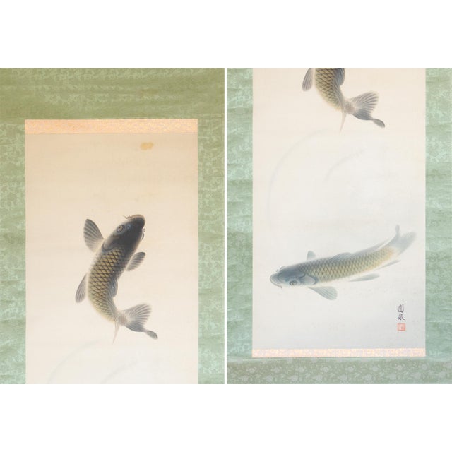 Japanese "Leaping Carp", Early Showa Era Japanese Silk Scroll Painting For Sale - Image 3 of 18