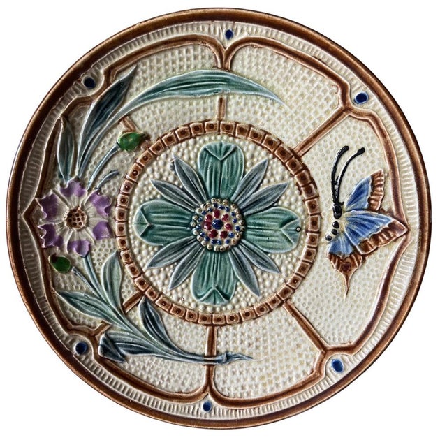 Forest Green Majolica Flowers and Butterfly Plate from Wasmuel, 1890s For Sale - Image 8 of 8
