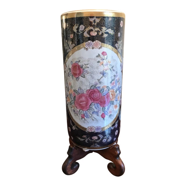 Vintage 1980s Porcelain Flora Umbrella Stand in Cobalt Blue With Multi Colors and Textured Gold Accents For Sale