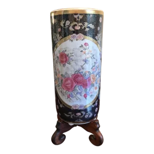 Vintage 1980s Porcelain Flora Umbrella Stand in Cobalt Blue With Multi Colors and Textured Gold Accents