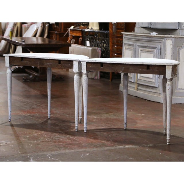 Pair of 19th Century French Directoire Carved Painted Demilune Console Tables For Sale - Image 10 of 11