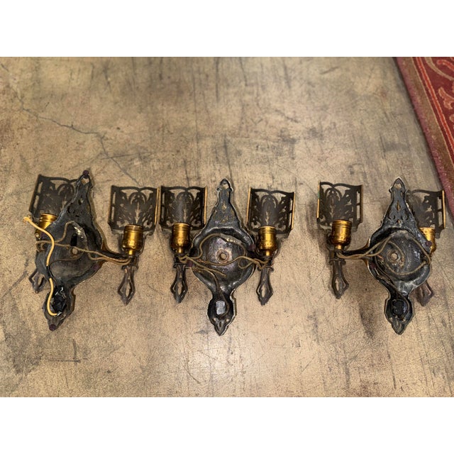 1920s Art Deco Polychrome Sconces With Robin’s Egg Blue Accents and Slip Shades - Set of 3 For Sale - Image 9 of 12