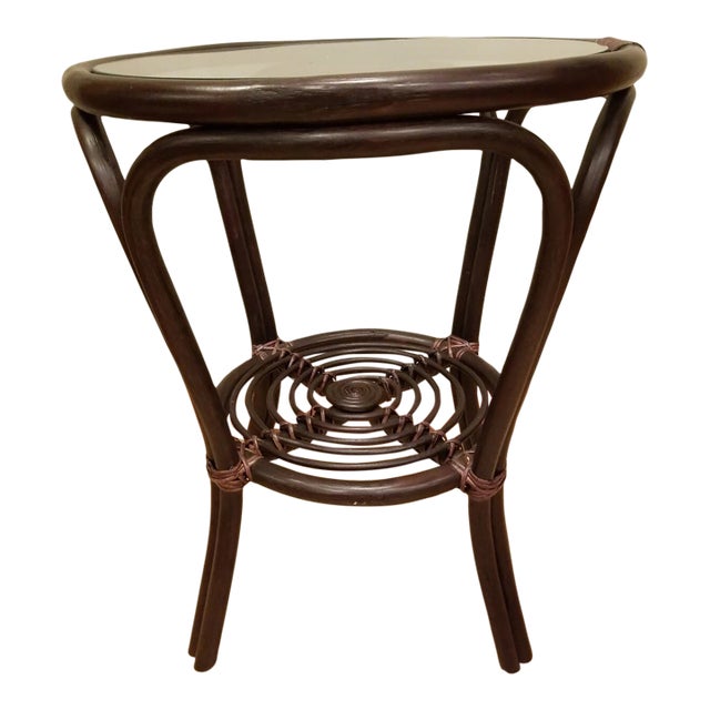 Vintage Rattan Natural Wicker Handmade Round Coffee Table With Glass Top For Sale