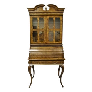 Vintage Italian Regency Burlwood Laminate Saber Leg Tall Secretary Desk Display For Sale