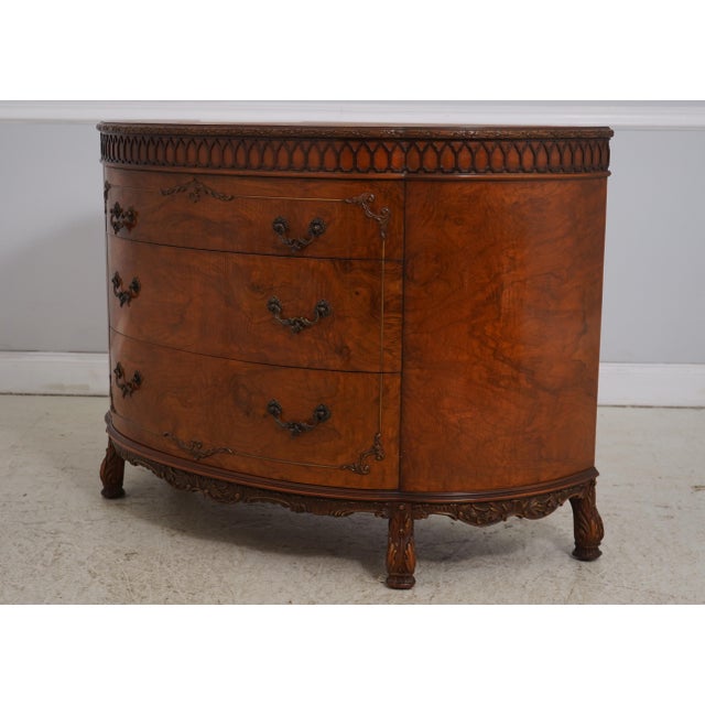 Age: c1950s Details: Gorgeous Burl Walnut Throughout Stunning Ornate Brass Hardware Dovetailed Drawer Construction High...