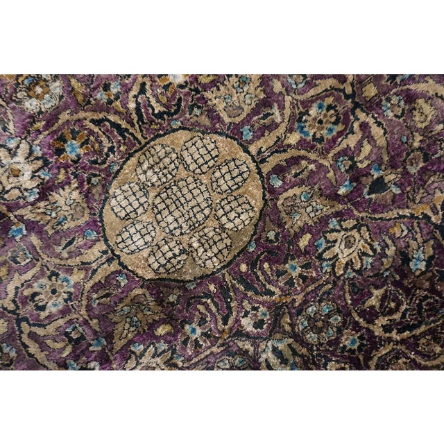 Great Eggplant Purple Background and Detail of Rossette Floral Border Geometric Design Antique Persian Silk Kashan by Kazan For Sale - Image 12 of 15