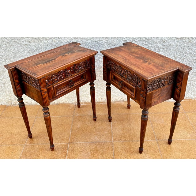 Pair of Spanish Carved Oak Nightstands With Drawer, 1930s For Sale - Image 13 of 15