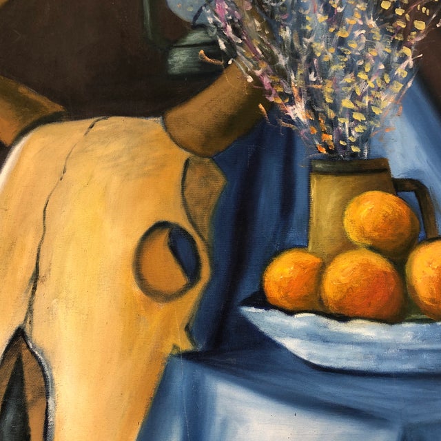 Blue Original Vintage Still Life Painting Cow Skull & Flowers For Sale - Image 8 of 9