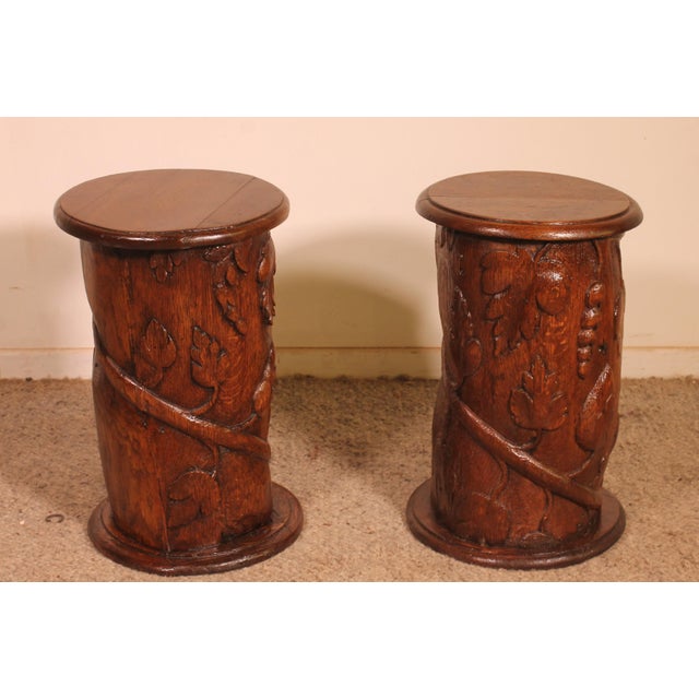 Lovely pair of 17th-century Renaissance oak bedside tables or end tables. The two bedside tables are actually a...