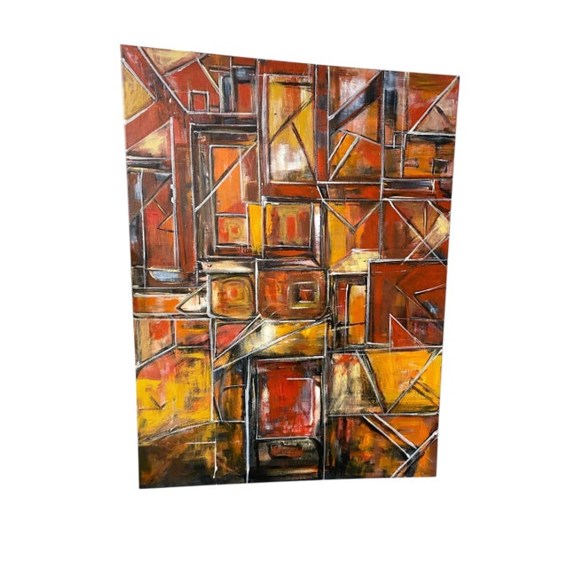 Acrylic on Canvas Abstract Signed Yjr 54.5" H "Les Fenêtres De Manhattan " in Vintage Frame For Sale In New York - Image 6 of 12