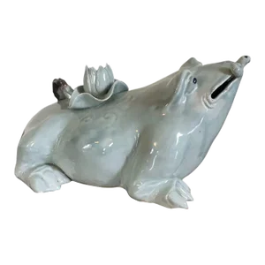 Large Antique 19th Century Chinese Qing Celadon Porcelain Frog Form Joss Stick Incense Burner With Lily Pad and Worm