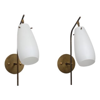 Large Italian Opaline Glass and Brass Wall Sconces, 1950s, Set of 2 For Sale