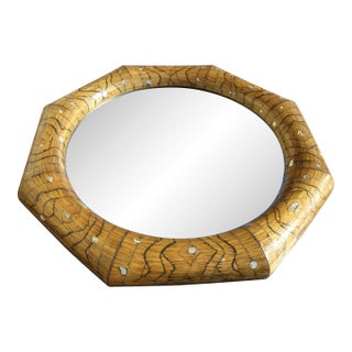 Vintage 1970s Hollywood Regency Octagonal Bamboo & Mother-of-Pearl Wall Mirror For Sale