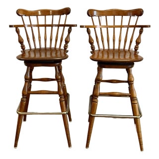 Vintage Ethan Allen Heirloom Nutmeg Maple Colonial Early American Pub Style Swivel Barstool With Metal Footrest- A Pair For Sale