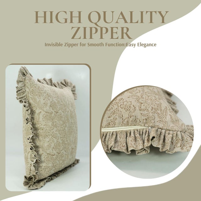 Art Deco Fabdivine Ethnic Block Print Frill Cushion Cover Brown 14x14 Inch Pure Linen- Jarul For Sale - Image 3 of 5