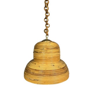Mid-Century Italian Pencil Reed Rattan Bamboo and Brass Hanging Pendant Lamp, 1970s For Sale