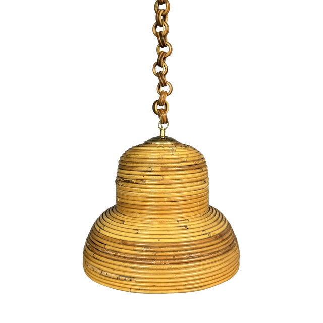Mid-Century Italian Pencil Reed Rattan Bamboo and Brass Hanging Pendant Lamp, 1970s For Sale