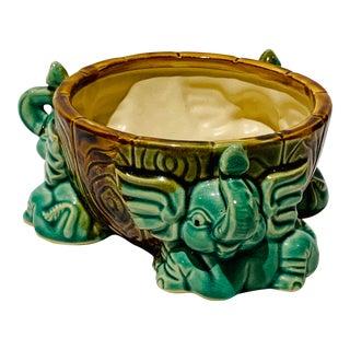 Vintage Majolica Three Elephant Planter For Sale