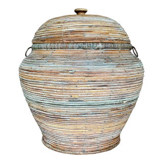 Late 20th Century Vintage Coastal Washed Pencil Reed Lidded Basket For Sale