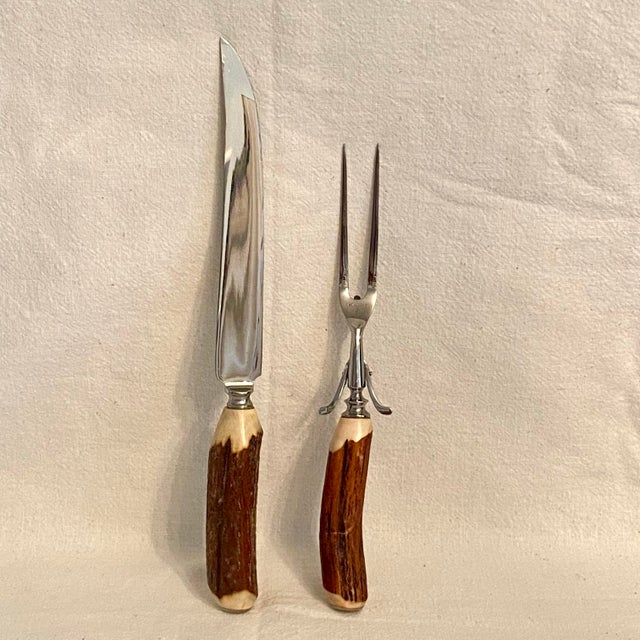 Rustic European Vintage Stag Horn Handle Carving Knife and Fork by Stiletto - A Pair For Sale - Image 3 of 9