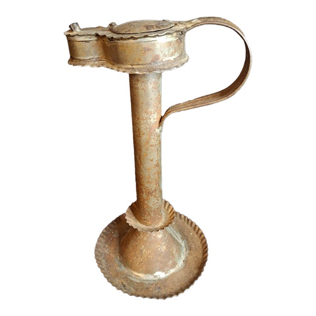 Antique 19thC Sheet Tin Betty Lamp Integrated Saucer Stand Primitive Fat Oil For Sale