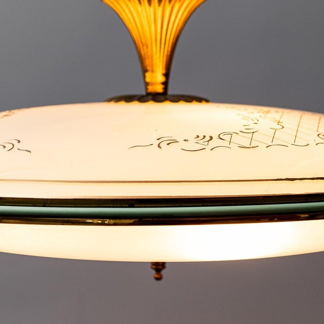 1950s Circular Glass and Brass Ceiling Chandelier, 1950s For Sale - Image 5 of 14