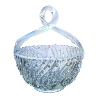 Early 20th Century Jefferson Glass Basket Bowl / Candy Dish With Twisted Opalescent Handle For Sale
