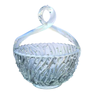 Early 20th Century Jefferson Glass Basket Bowl / Candy Dish With Twisted Opalescent Handle