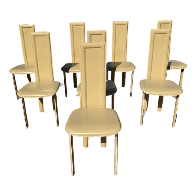 1980s Set of 8 Biege Leather Postmodern Dining Chairs For Sale
