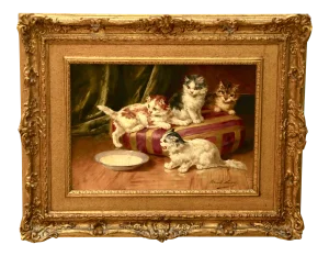 19th Century "Chatons Et Lait" Oil Painting on Canvas Signed Alfred Brunel De Neuville