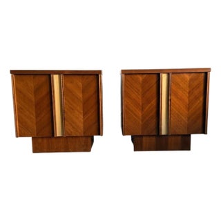 Pair of Mid Century Modern Walnut Nightstands, Canadian Made Two Door Bedside Cabinets For Sale