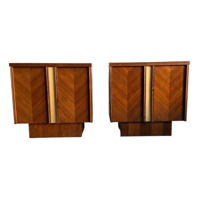 Pair of Mid Century Modern Walnut Nightstands, Canadian Made Two Door Bedside Cabinets For Sale
