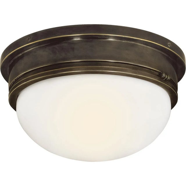 Modern Chapman & Myers for Visual Comfort Signature Marine Large Flush Mount in Bronze with White Glass For Sale - Image 3 of 4