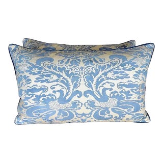 Pair of Custom Fortuny Textile Pillows in Blue With Velvet Backs For Sale