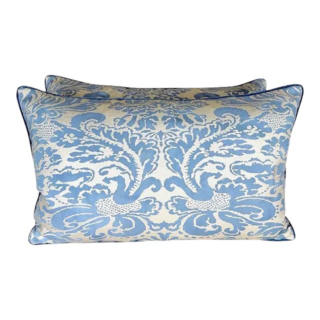 Pair of Custom Fortuny Textile Pillows in Blue With Velvet Backs For Sale