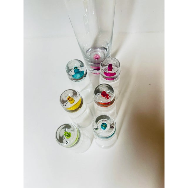 Transparent Vintage Mouth Blown Crystal Multi-Colored Weighted Bottoms Decanter and 6 Cordial Glasses Barware Set For Sale - Image 8 of 10