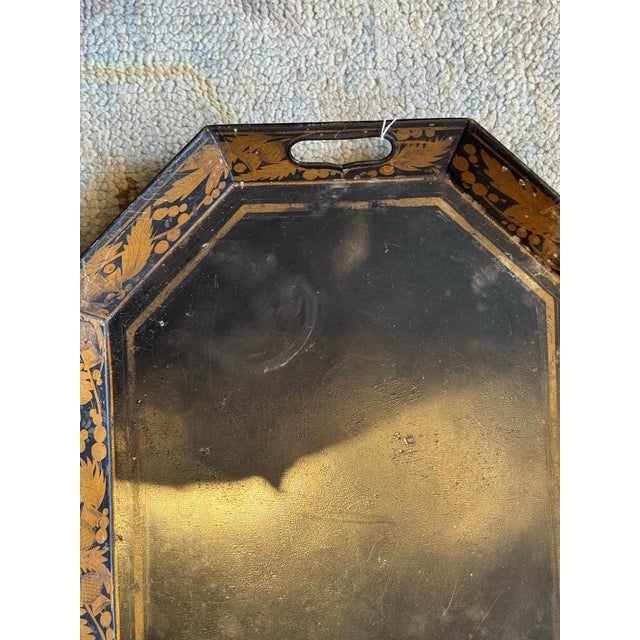 19th Century Antique Octagonal Black Lacquer and Gold Tole Tray For Sale - Image 5 of 6