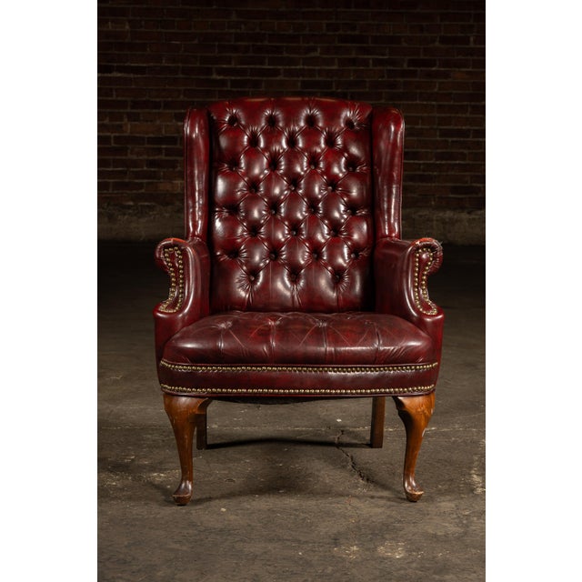 Traditional Vintage Tufted Leather Wingback Chesterfield Armchair in Oxblood For Sale - Image 3 of 15