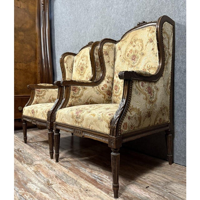 Large Louis XVI Style Carved Wooden Bergère Armchairs, Set of 2 For Sale - Image 3 of 6