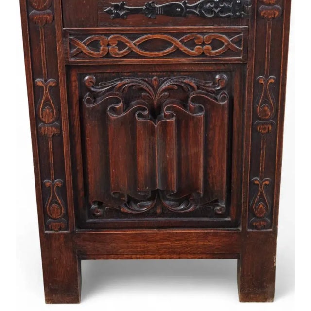 Wood Antique Tudor Oak Linen Fold Long Case Clock by E. Favot of Bleneau For Sale - Image 7 of 8