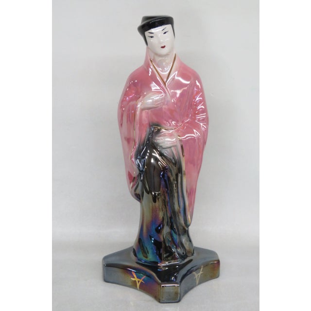 Japanese Lusterware Iridescent Pink and Black Man in Kimono Figurine For Sale - Image 11 of 12