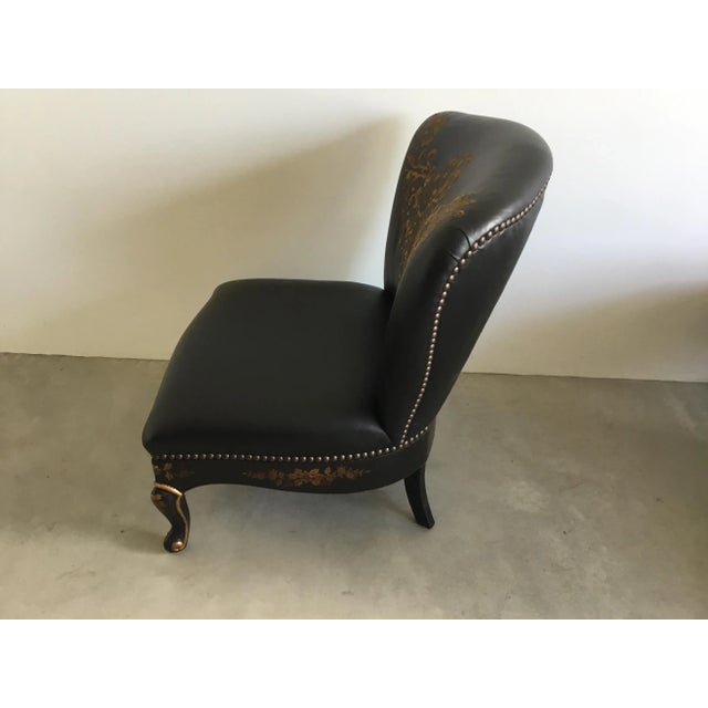 Florio Collection Black Leather Chair with Embroidery and Hand Painted Chinoiserie For Sale - Image 4 of 10