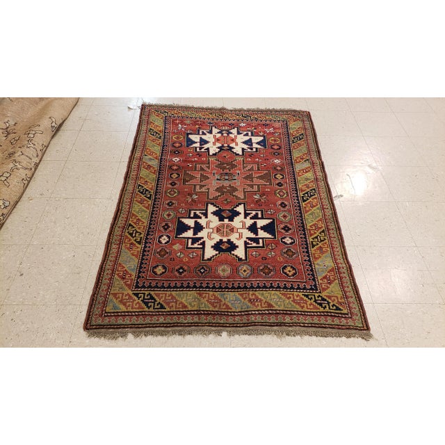 Antique Kuba Rug, Handmade Oriental Rug, Red, Green, Yellow, Ivory, Blue, White For Sale - Image 12 of 13
