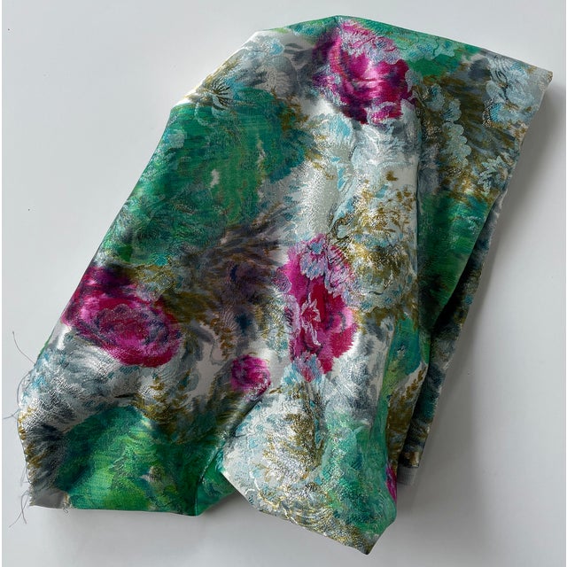 French Warp Printed Floral Jacquard Silver-Metallic Fabric - For Sale - Image 4 of 4