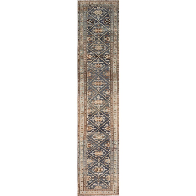 Beautiful Antique Persian Blue Muted Malayer Runner Rug, Country of Origin: Persia, Circa Date: 1920