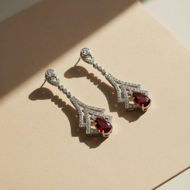 Art Deco Style Garnet and Colorless Topaz Drop Earrings Silver, Gold, A Pair For Sale - Image 4 of 5