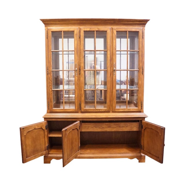 Wood Drexel Furniture Chatham Oaks Collection Early American Country Style 60" Lighted Display China Cabinet 186-435-6 For Sale - Image 7 of 16