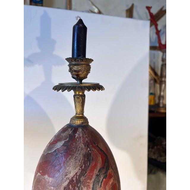 Baroque Curiosity Cabinet Faux Rouge Marble Hand Painted Faux Ostrich Egg Candelholder For Sale - Image 4 of 10