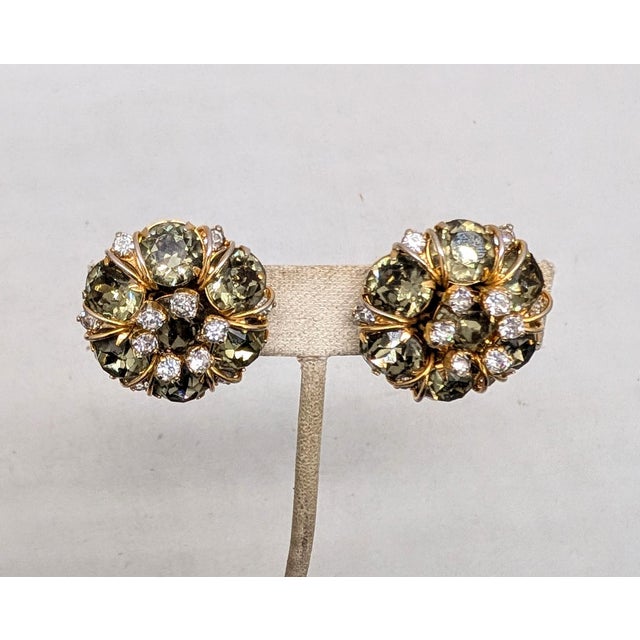 Mid-Century Modern Vintage Signed Hattie Goldtone Faux-Citrine & Clear Rhinestone Carnegie Clip Earrings- 2 Pieces For Sale - Image 3 of 8