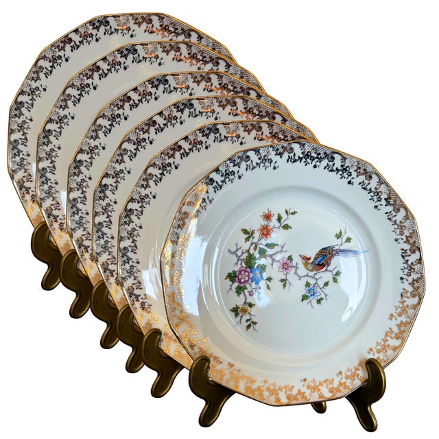 Hand-Decorated Porcelain Dessert Plates with Bird and Floral Motif and Gilt Trim from Limoges, 1930, Set of 6 For Sale - Image 6 of 6